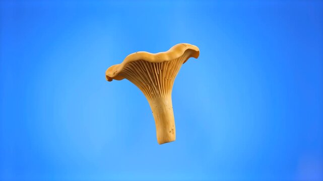 A clean 3D model of a fresh edible chanterelle mushroom set against a solid blue backdrop. Suitable for culinary videos, wild mushroom picking guides, food packaging, organic food promos, and graphic 