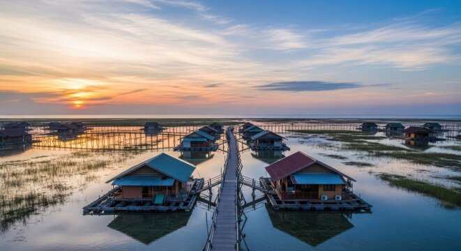 Serene Floating Homes Resort Amidst Calm Waters at Sunset