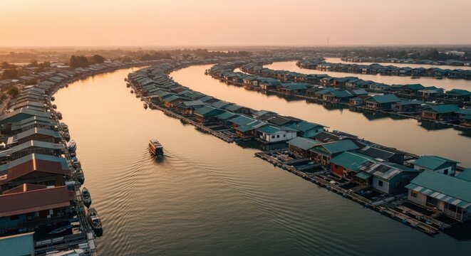 Serene floating village illuminated by warm sunset glow, with a boat navigating calm waters amidst picturesque coastal dwellings.