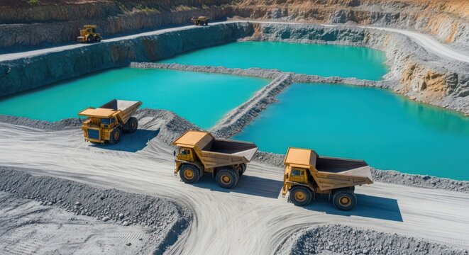 Several large yellow mining dump trucks operating on a dirt road next to vibrant blue water pools in an open-pit quarrying site.