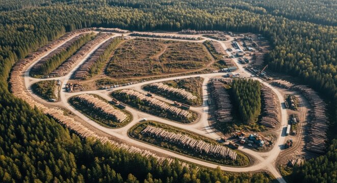 Spectacular Aerial View of a Vast Lumberyard with Cut Timber Stacks Surrounded by Forest