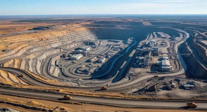Spectacular aerial view of a vast open-pit mine with heavy machinery and extensive excavation