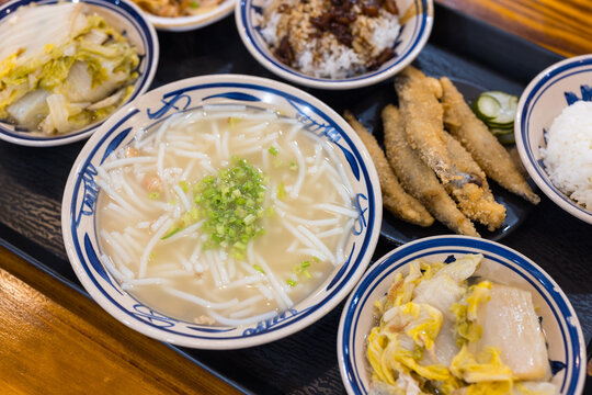 Traditional fried fish and rice noodle soup in Taiwan