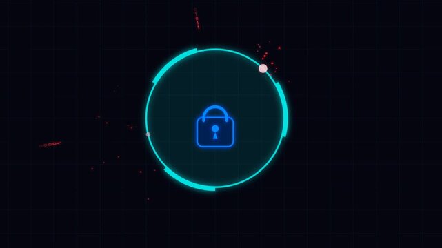 2D animation of a glowing neon padlock icon inside a futuristic HUD circle with floating red binary code on a dark grid background representing cybersecurity and digital data protection