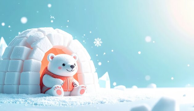Cute 3D polar bear character sitting in an igloo made of ice cubes with a light blue winter background and copy space