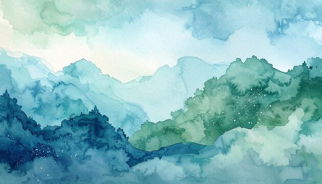 Abstract watercolor landscape background. Dusty blue and sage green artistic wash texture.