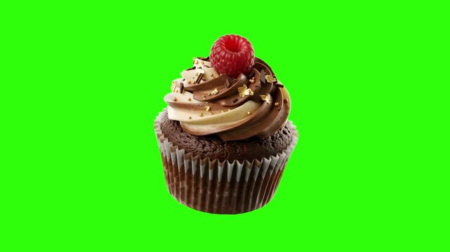A delicious 3D render of a chocolate cupcake topped with swirled chocolate frosting and a fresh red raspberry isolated on a bright green chroma key background. Perfect for bakery advertisements, desse