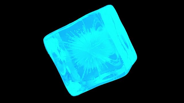 A futuristic 3D render of a glowing blue neon ice cube with internal light cracks isolated on a solid black background. Ideal for sci-fi concepts, night club visuals, beverage ads, and energy graphics