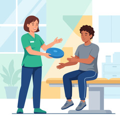 Fototapeta premium Physical therapist guides patient with balance disc for rehabilitation in a modern clinic setting.