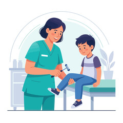 Fototapeta premium Pediatrician performing reflex test on young boy in clinic, vector illustration, healthcare concept