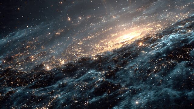 A dramatic oblique angle view of a vast spiral galaxy core glowing brightly through thick cosmic dust lanes and dense surrounding star fields across the dark expanse of deep space.