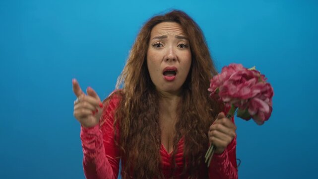 Woman points finger while holding a pink bouquet of flowers and wearing a red dress in a blue studio; pleading apology.