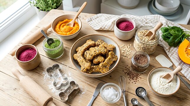 Healthy homemade dog biscuits in bone shape with natural ingredients on a wooden kitchen table surface. dog baking ideas