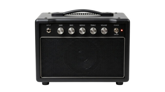 Black electric guitar amplifier with chrome control knobs, portable combo guitar amp for practice and studio, professional music audio equipment on white