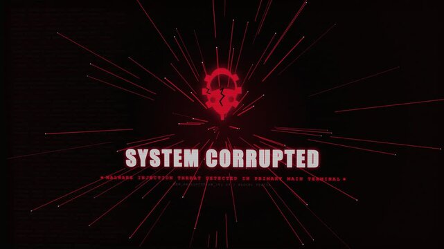 Cyber security malfunction warning screen with system corrupted glitch text motion graphics footage.