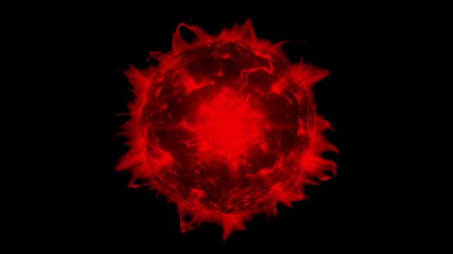 A sci-fi 3D render of a fiery red plasma orb glowing against a black background. Ideal for gaming UI elements, scientific visual effects, and action movie graphics.