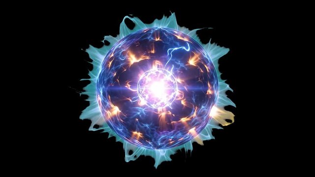 A futuristic blue and purple energy orb bursting with light and plasma sparks, isolated against a dark backdrop. Perfect for sci-fi visual effects, magic spell animations, cosmic energy clips, and hig