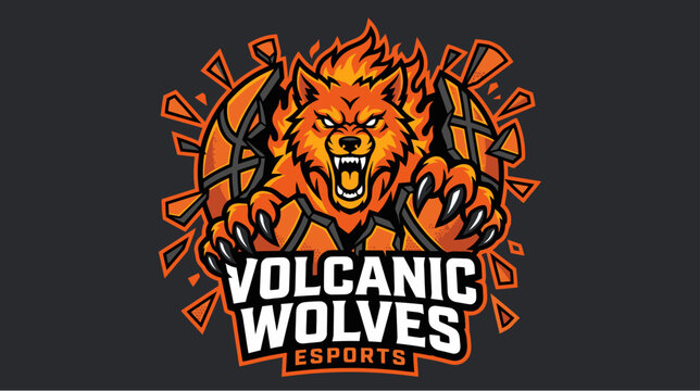 Aggressive wolf mascot logo design for a basketball esports team with flaming elements.