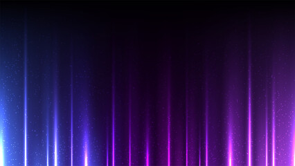 Naklejka na ściany i meble Abstract futuristic background with cyan blue and magenta purple glowing vertical light beams and glowing particles on dark space backdrop for modern digital technology poster design