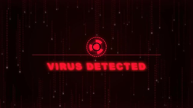 Motion graphics footage of red virus detected warning alert on binary code background.