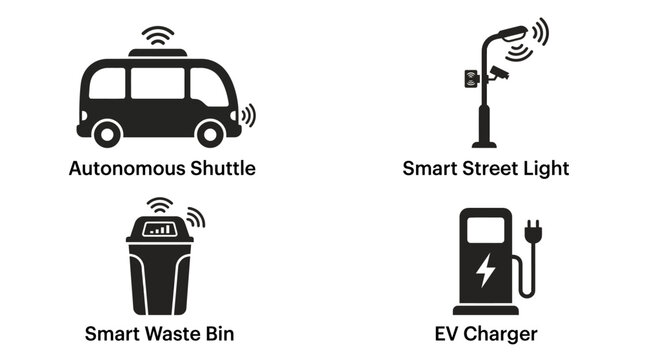Smart city infrastructure and iot technology icons in minimalist black silhouette vector style for urban development and sustainable city planning presentation