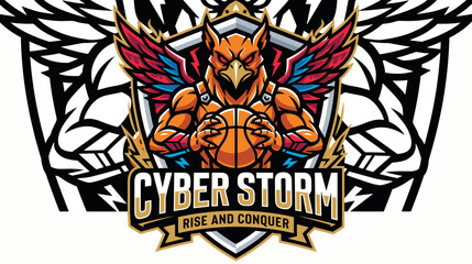 Obraz premium Aggressive eagle mascot logo for a basketball team featuring cyber storm text and wings.