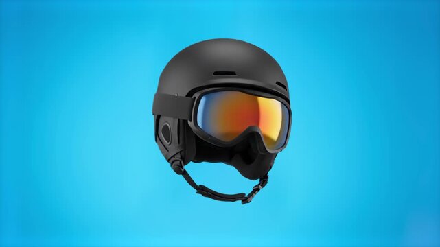 A sleek 3D model of a black helmet fitted with colorful ski goggles set against a smooth cyan studio background. Great for winter resort advertising, sports gear retail promos, and safety awareness co