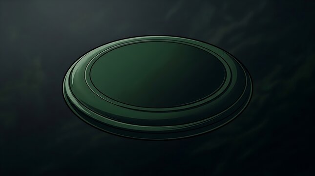 Dark green flying disc in a shadowy outdoor environment