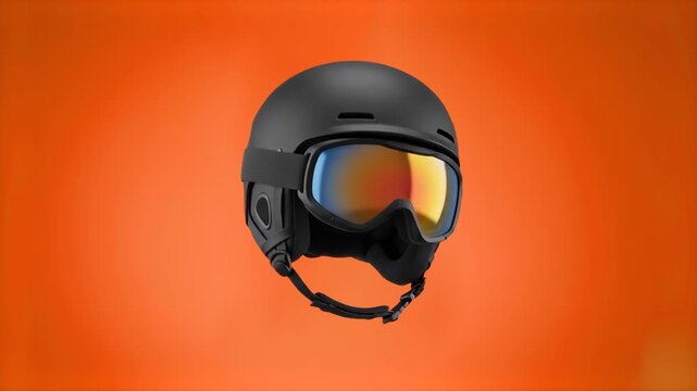 A detailed 3D render of a black winter sports helmet with protective ski goggles isolated on a warm orange background. Ideal for extreme sports marketing, winter safety campaigns, and skiing tutorials