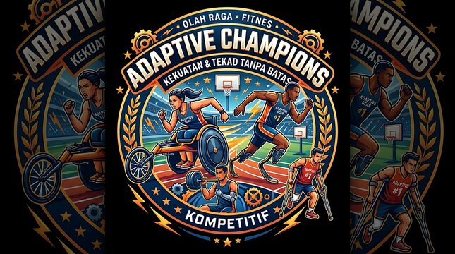 Diverse adaptive athletes in a dynamic sports badge illustration