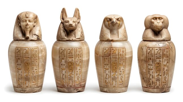 Ancient Egyptian limestone canopic jars set with Anubis and falcon heads