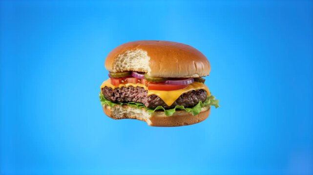 An appetizing gourmet beef cheeseburger with a bite taken out, featuring melted cheese, tomato, pickles, lettuce, and a grilled beef patty, isolated against a vibrant blue studio backdrop. Great for f