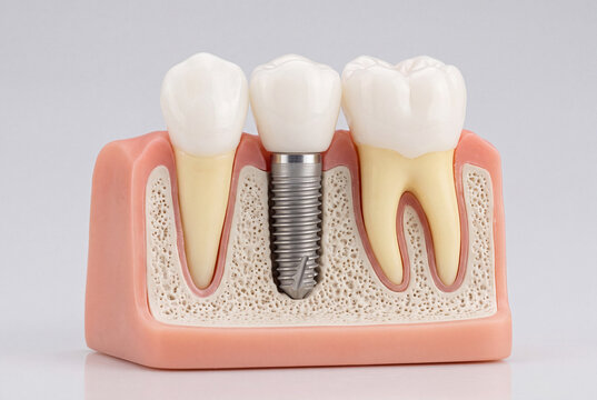 Detailed Dental Implant Model Showing Natural Teeth and Artificial Crown Integration for Educational and Clinical Use