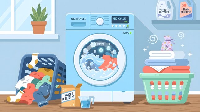  Laundry Room Illustration with Washing Machine, Dirty Clothes Basket and Detergent Vector Scene