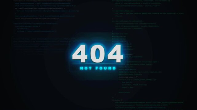 Futuristic motion graphics of 404 not found error message with glowing digital code background