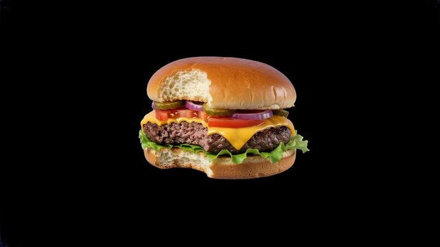 A fresh gourmet beef cheeseburger with a bite mark showing melted cheddar cheese, grilled patty, lettuce, tomato, pickles, and red onion, isolated on a dark backdrop. Suitable for fast food ads, hambu