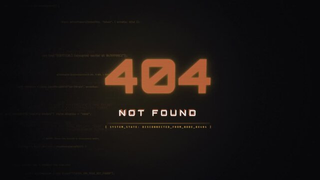 Glowing orange futuristic 404 not found error message motion graphics background loop
