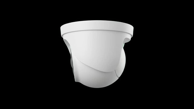 A modern white ceiling-mounted dome security camera isolated against a sleek black backdrop. Great for corporate surveillance marketing, home security system ads, safety video concepts, and technology