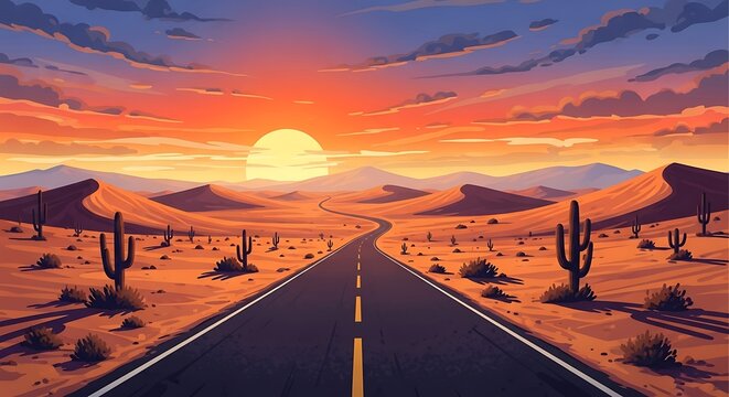 Dramatic desert highway at sunrise with silhouetted cacti.