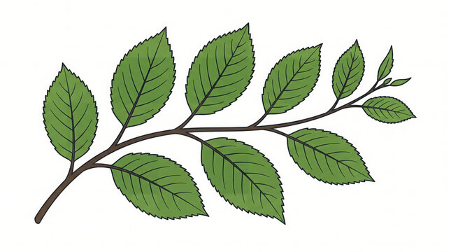 Cherry tree branch with green leaves. Botanical illustration of a plant twig isolated.