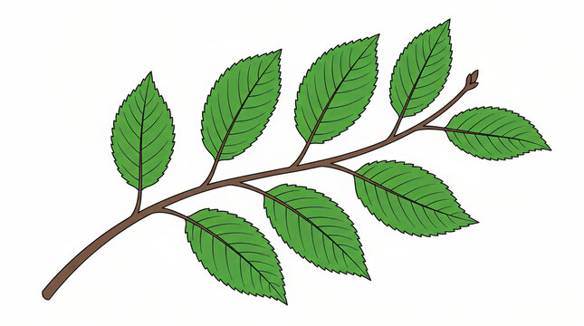 Cherry tree branch with green leaves. Botanical illustration of a foliage twig.