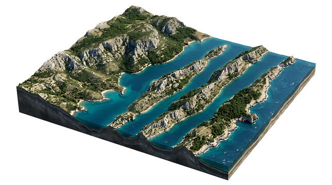 Isometric 3D map of coastal fjords and rocky mountains isolated on white