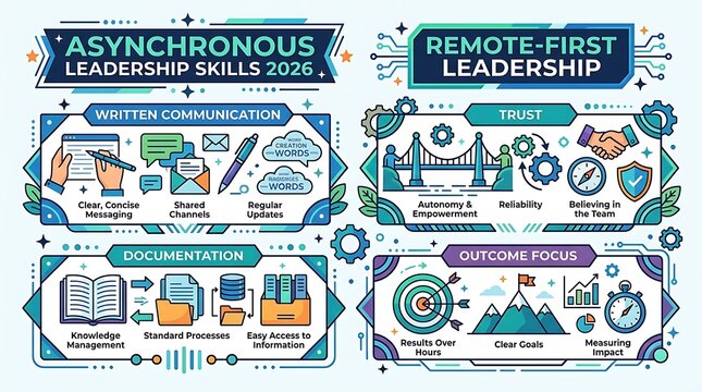 Remote leadership and asynchronous communication skills infographic