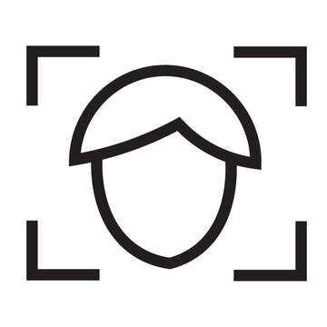 tMinimalist face recognition line icon inside a viewfinder frame. Abstract facial scanning concept, biometric identification technology, human head silhouette with corner focus crop marks, digital sec