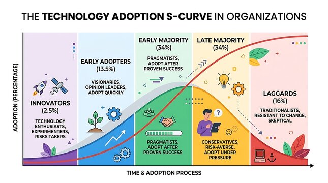 Technology adoption life cycle s-curve diagram for organizations