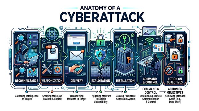 Anatomy of a cyberattack process stages infographic