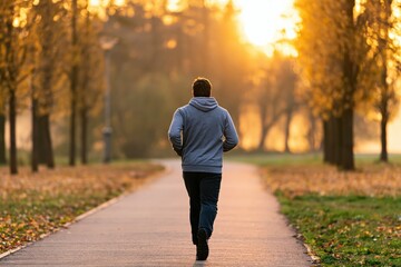 Obraz premium Man jogging on a paved park path during a golden hour sunset in the autumn trees