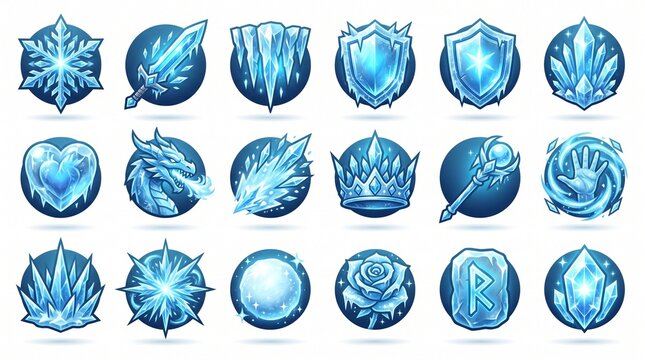 A set of twenty detailed fantasy game icons featuring various objects and symbols rendered with blue ice and frosty effects, suitable for magic or winter themes.
