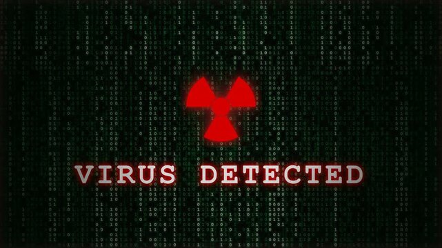 Cyber security virus detected warning footage with red radioactive symbol on binary background loop