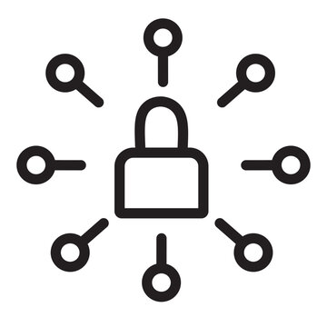 Minimalist line art illustration of a padlock surrounded by multiple keys or magnifying glasses, representing data security, cyber safety, digital access control, encryption technology, and search prt